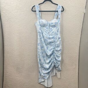 Commense Light Blue Corset Floral Bustier Button front Cinched Midi dress Size L